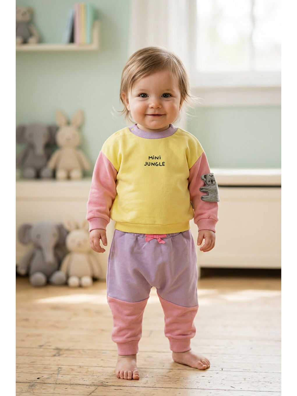 Sarı Kız Bebek Pamuklu Eşofman Takımı Mini Jungle Baskılı İki İplik Rahat Kalıp