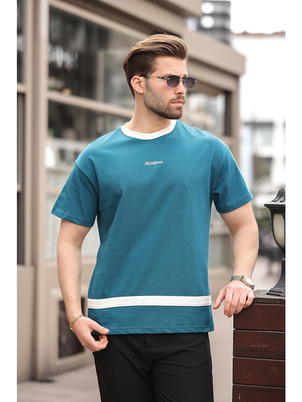 Petrol Mavisi Baskılı %100 Pamuklu Erkek T-Shirt E7135-1