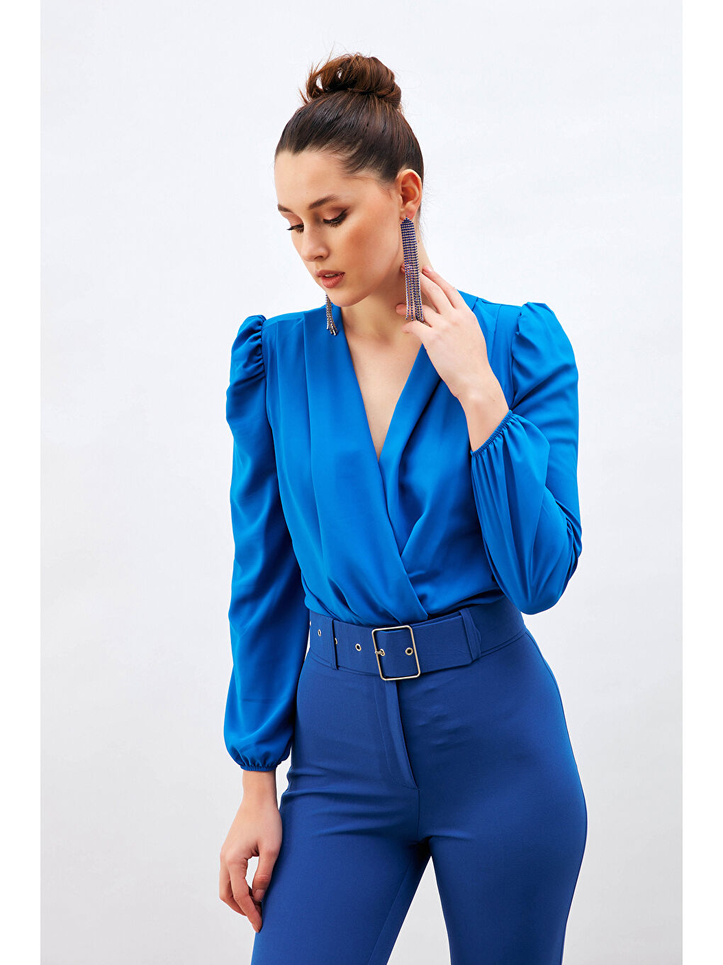 SATEEN Kruvaze Vatkalı Bodysuit - Sax Mavi