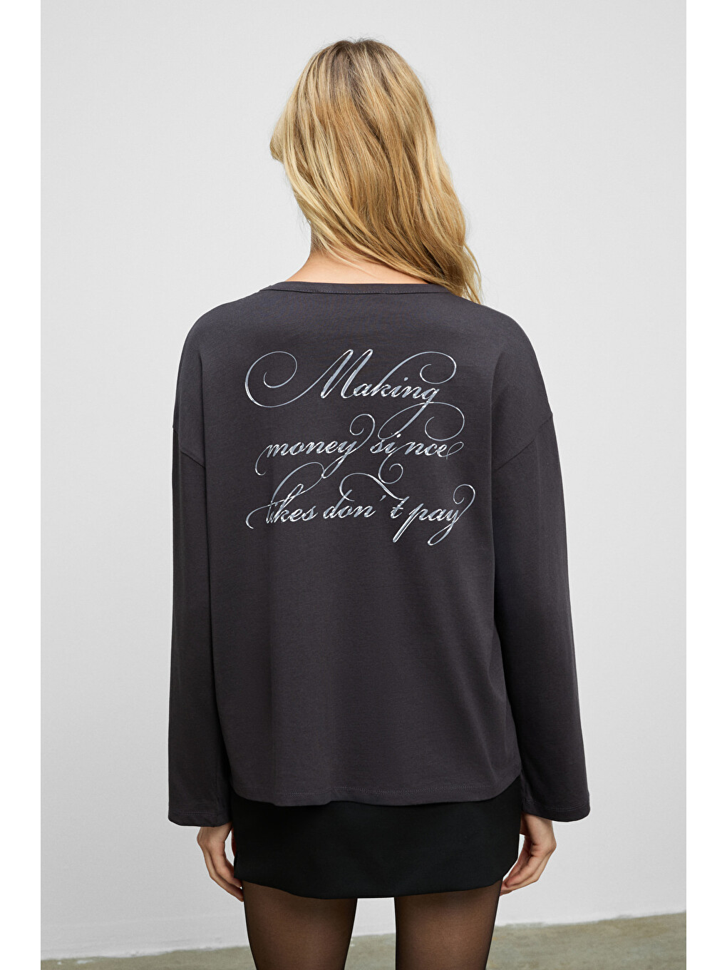 Antrasit DAZULU Kadın Yumuşak Kumaşlı Baskılı Uzun Kollu ANTRASİT T-Shirt-5