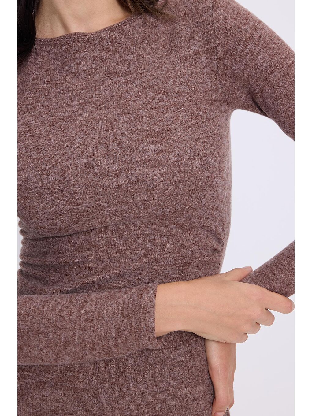 Kadın Slim Fit Dar Kesim Bisiklet Yaka Kahverengi Elbise-2