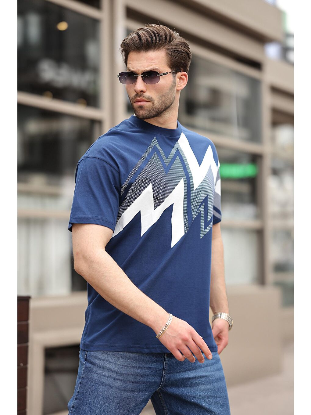 Lacivert Baskılı %100 Pamuk Erkek T-Shirt