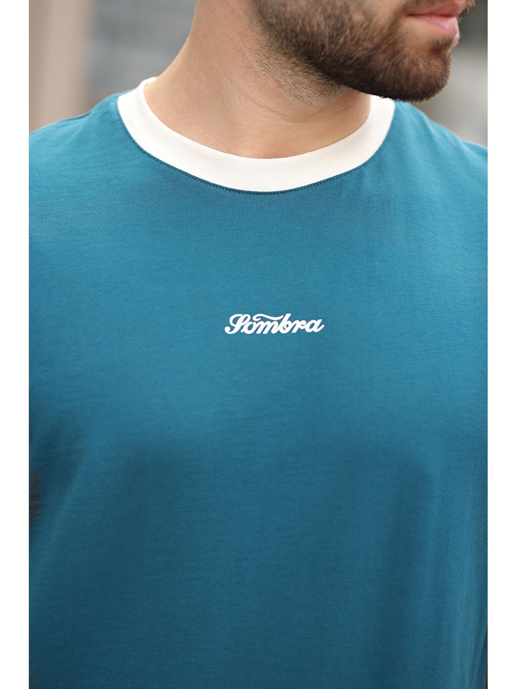 Petrol Mavisi Baskılı %100 Pamuklu Erkek T-Shirt E7135-2