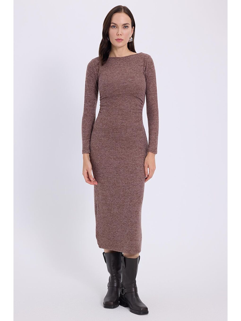 Kadın Slim Fit Dar Kesim Bisiklet Yaka Kahverengi Elbise-3