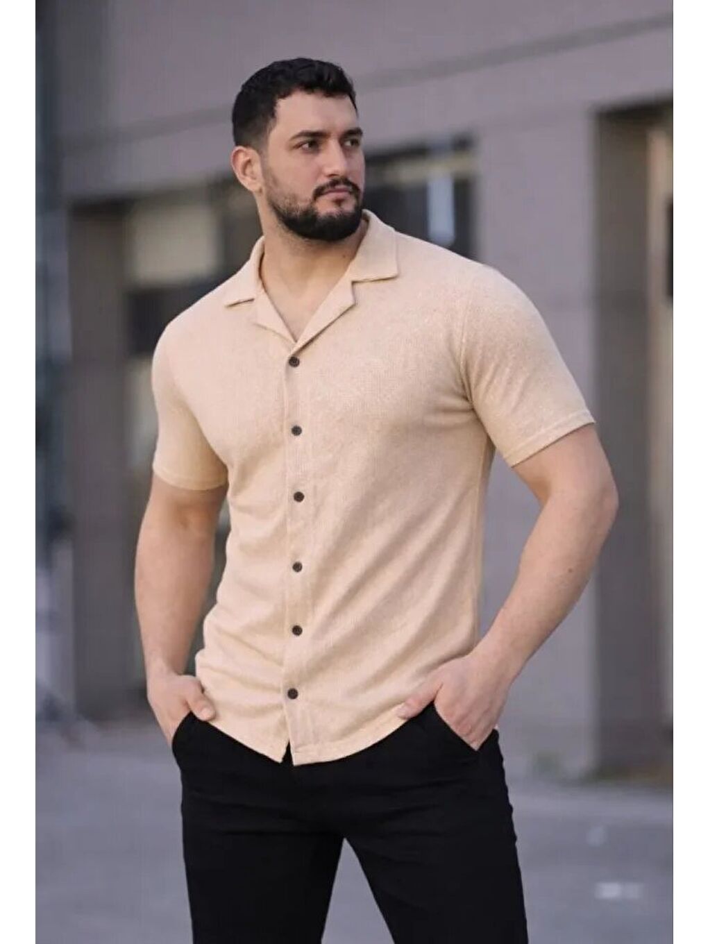 Erkek Waffle Kumaş Kısa Kollu Düğmeli Açık Yaka Regular Fit Gömlek - Bej