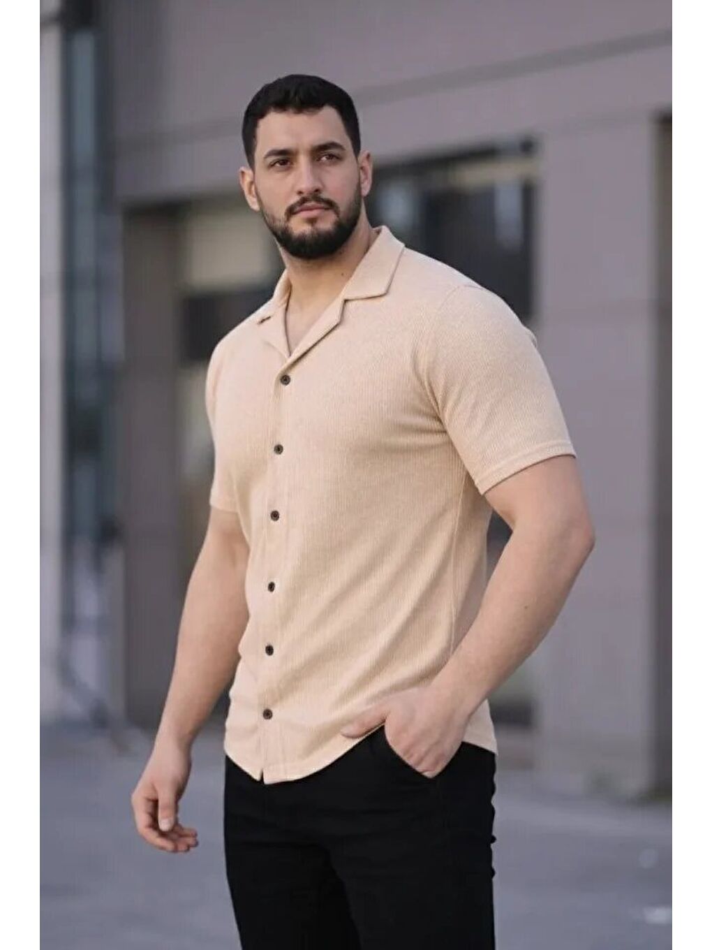 Erkek Waffle Kumaş Kısa Kollu Düğmeli Açık Yaka Regular Fit Gömlek - Bej-1