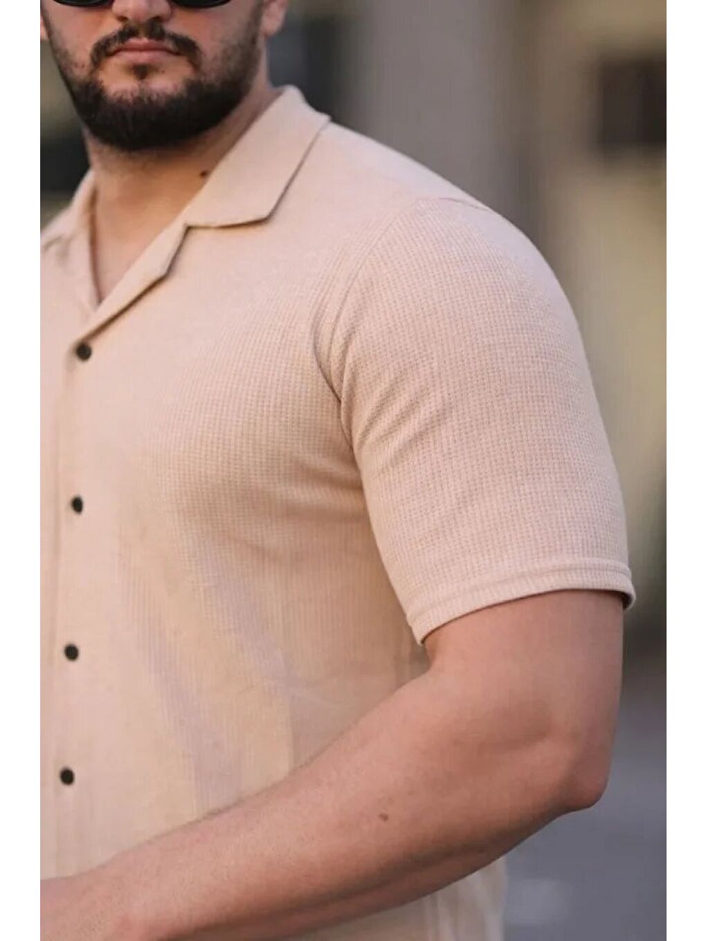 Erkek Waffle Kumaş Kısa Kollu Düğmeli Açık Yaka Regular Fit Gömlek - Bej-2