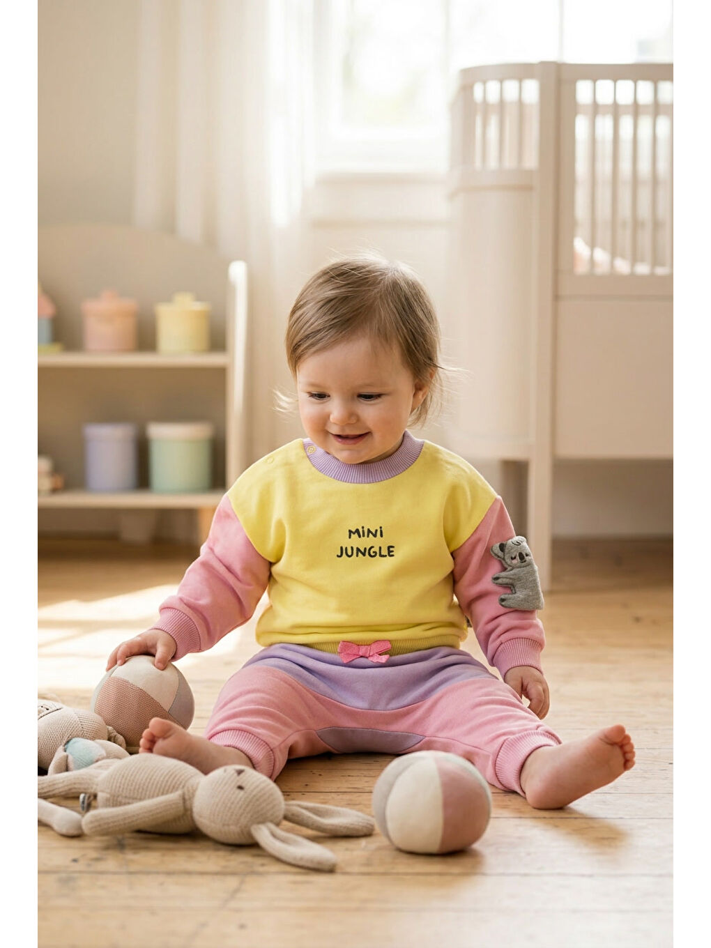 Sarı Kız Bebek Pamuklu Eşofman Takımı Mini Jungle Baskılı İki İplik Rahat Kalıp-1