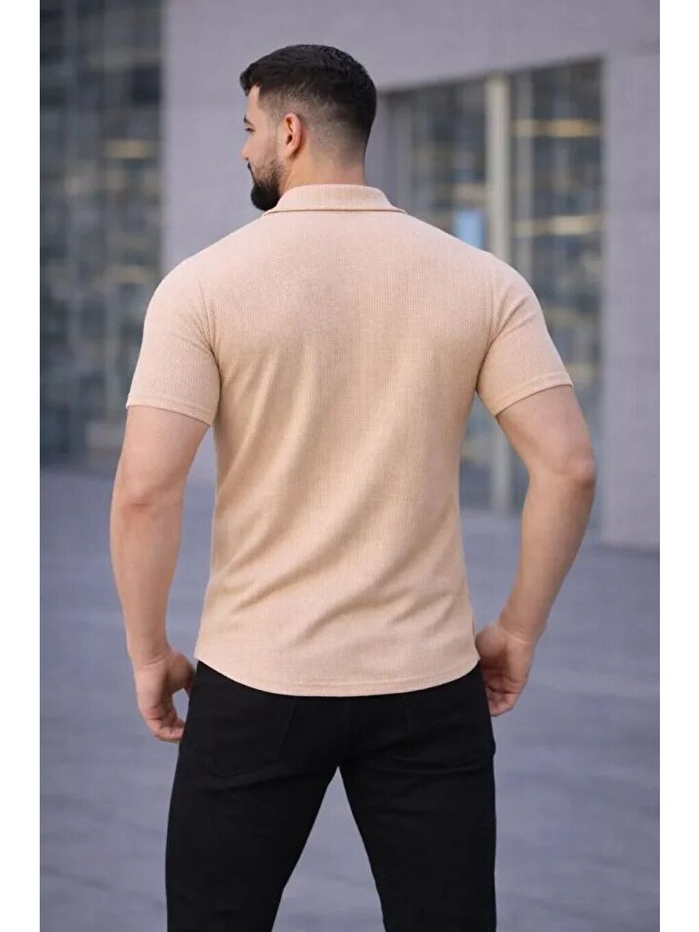 Erkek Waffle Kumaş Kısa Kollu Düğmeli Açık Yaka Regular Fit Gömlek - Bej-3