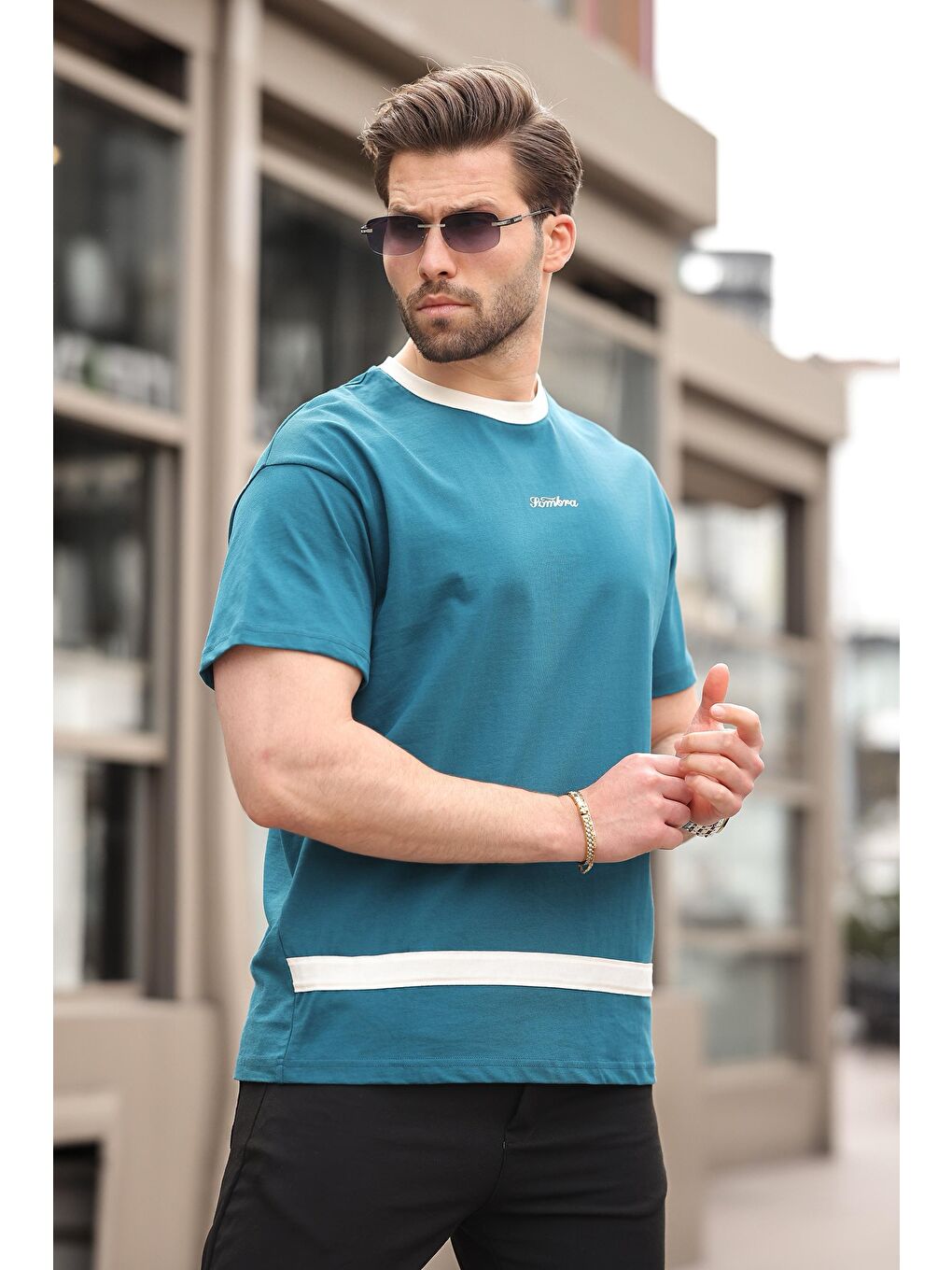 Petrol Mavisi Baskılı %100 Pamuklu Erkek T-Shirt E7135-3