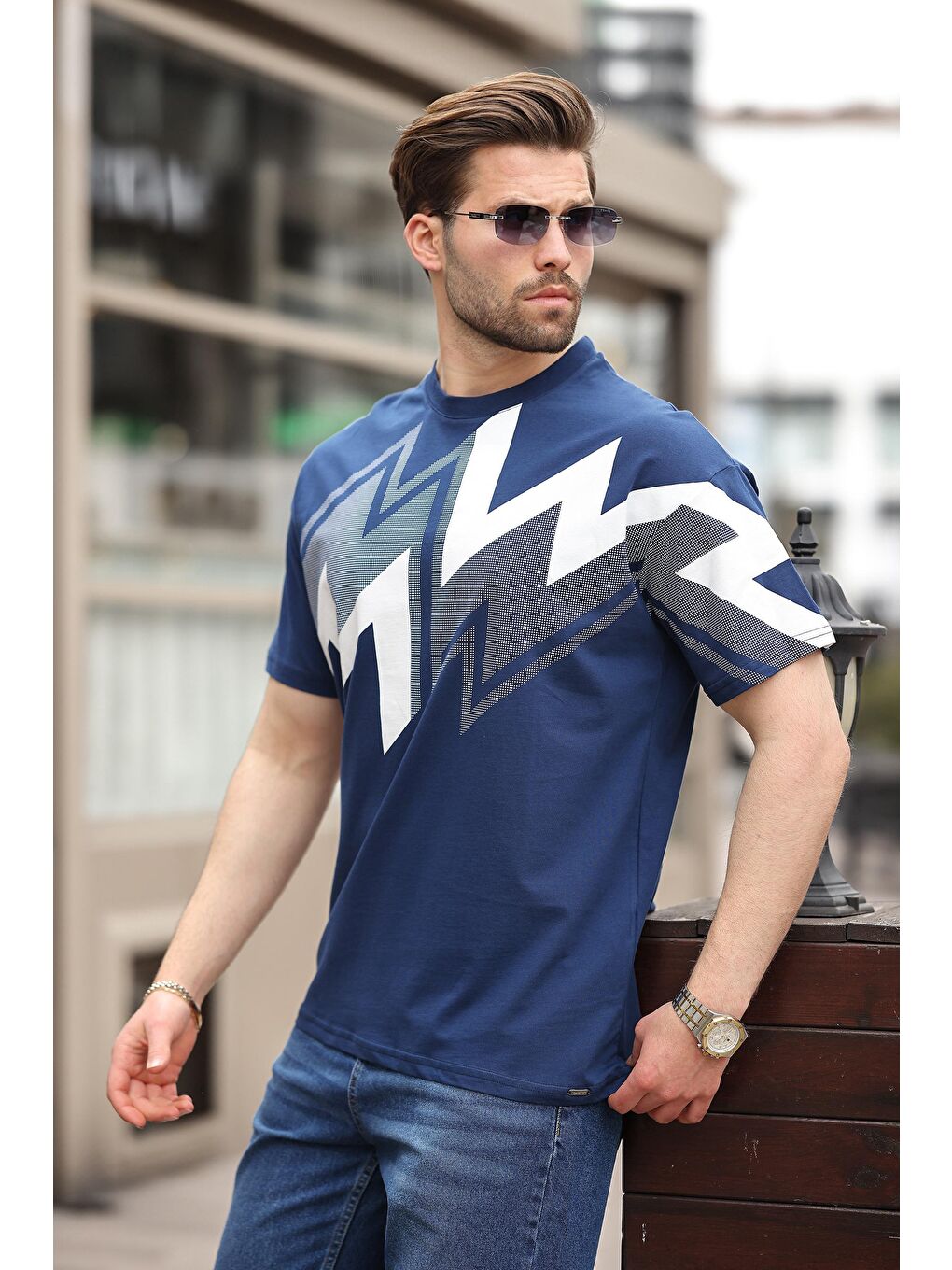 Lacivert Baskılı %100 Pamuk Erkek T-Shirt-1