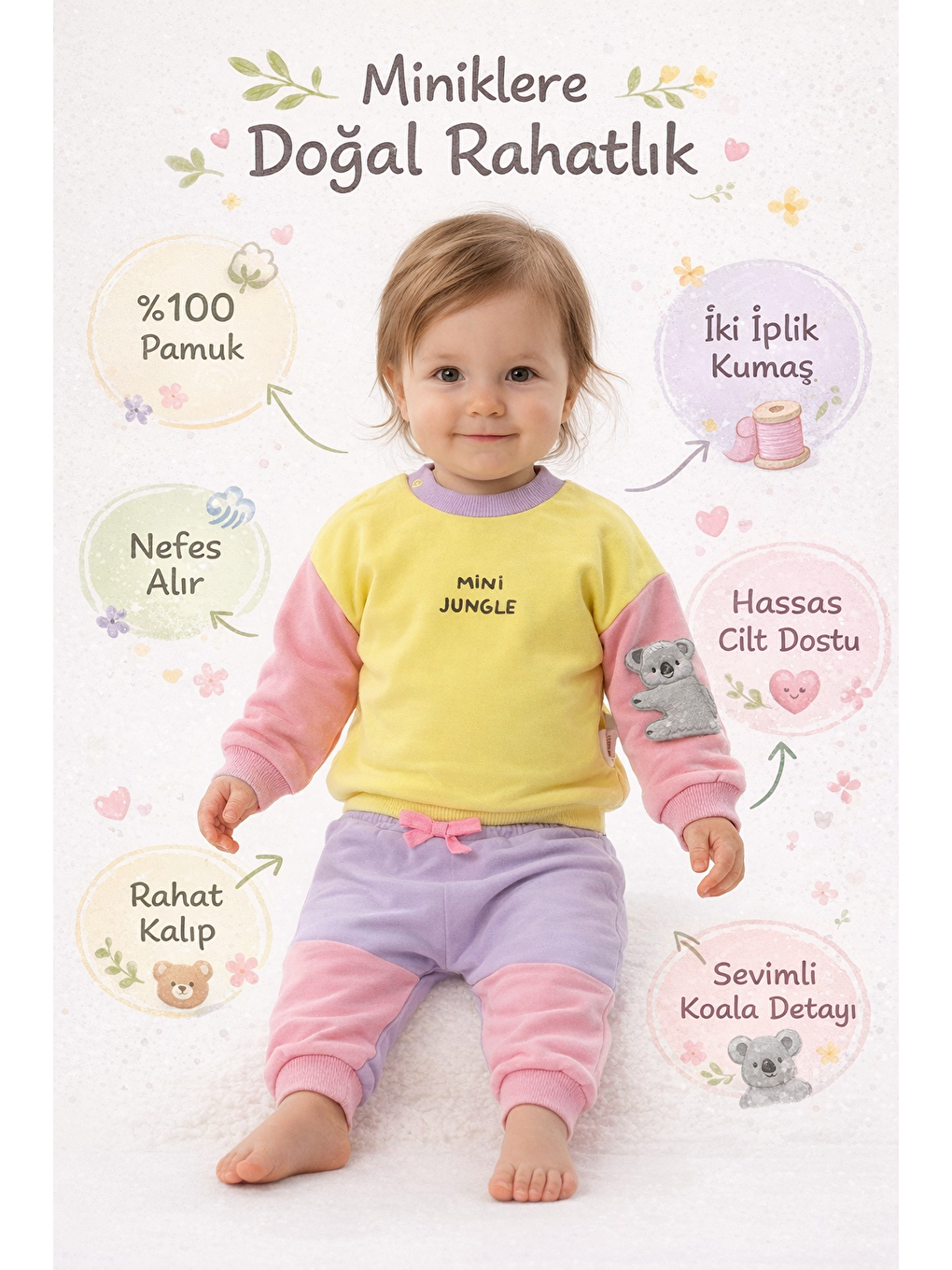 Sarı Kız Bebek Pamuklu Eşofman Takımı Mini Jungle Baskılı İki İplik Rahat Kalıp-3