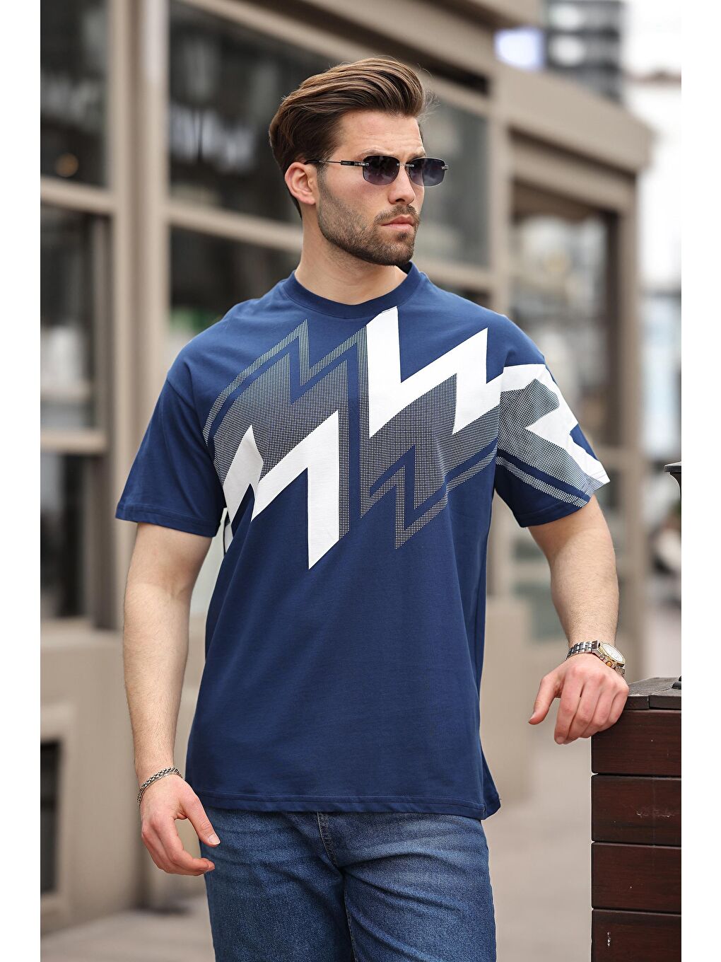 Lacivert Baskılı %100 Pamuk Erkek T-Shirt-2