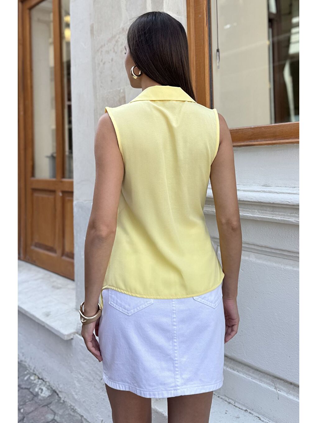 Sarı Kadın Kruvaze Yaka Yan Bağlama Detaylı Bluz-2