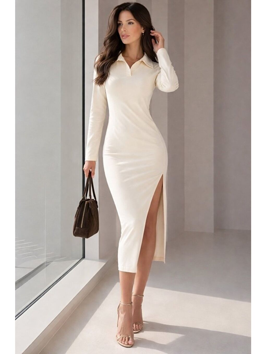 Beyaz Kadın Uzun Kollu Yakalı Yandan Yırtmaçlı Midi Modal Elbise
