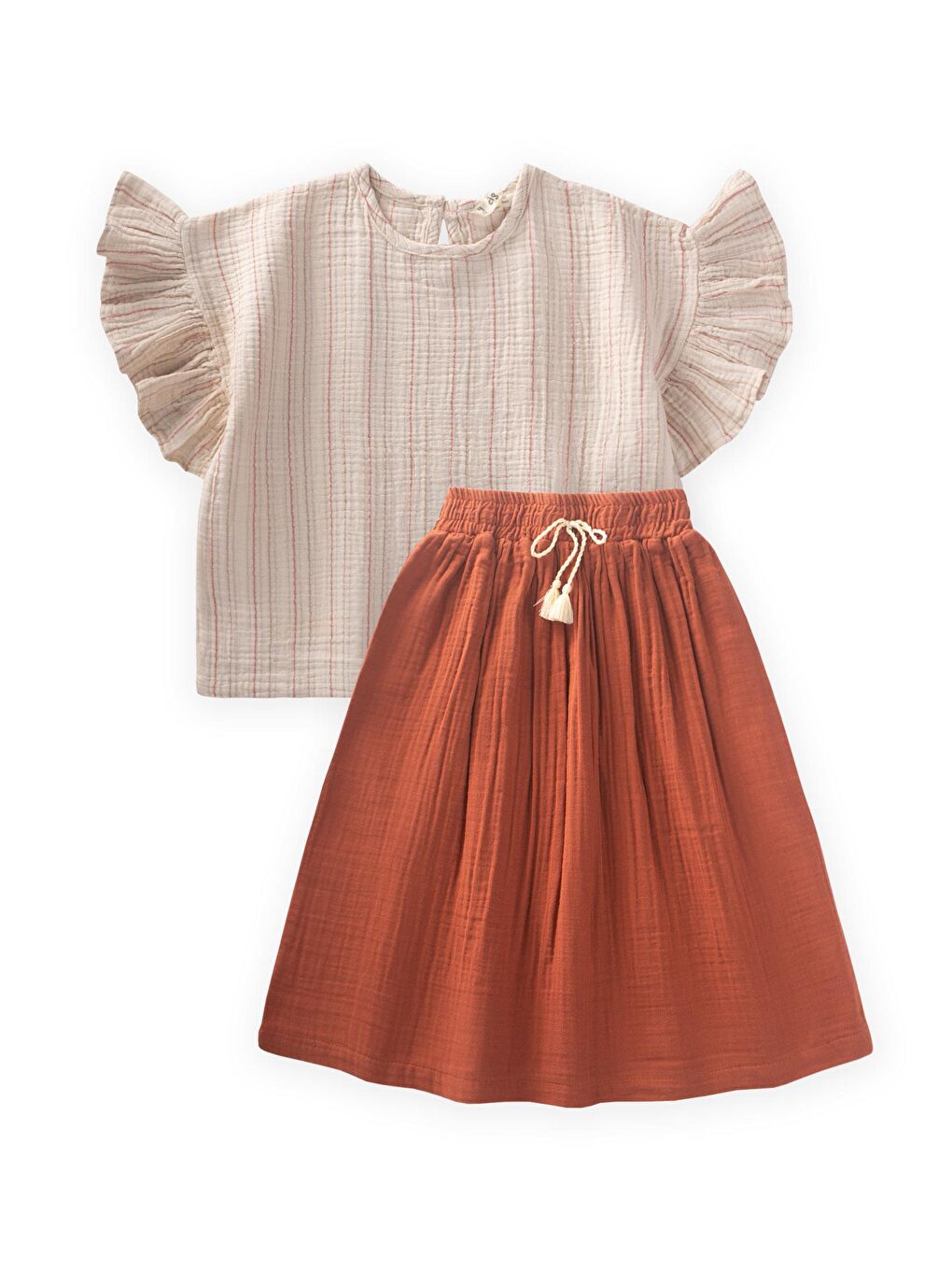 Kahverengi Müslin Etekli Bluz Takım 2-8 Yaş Rust Çizgili