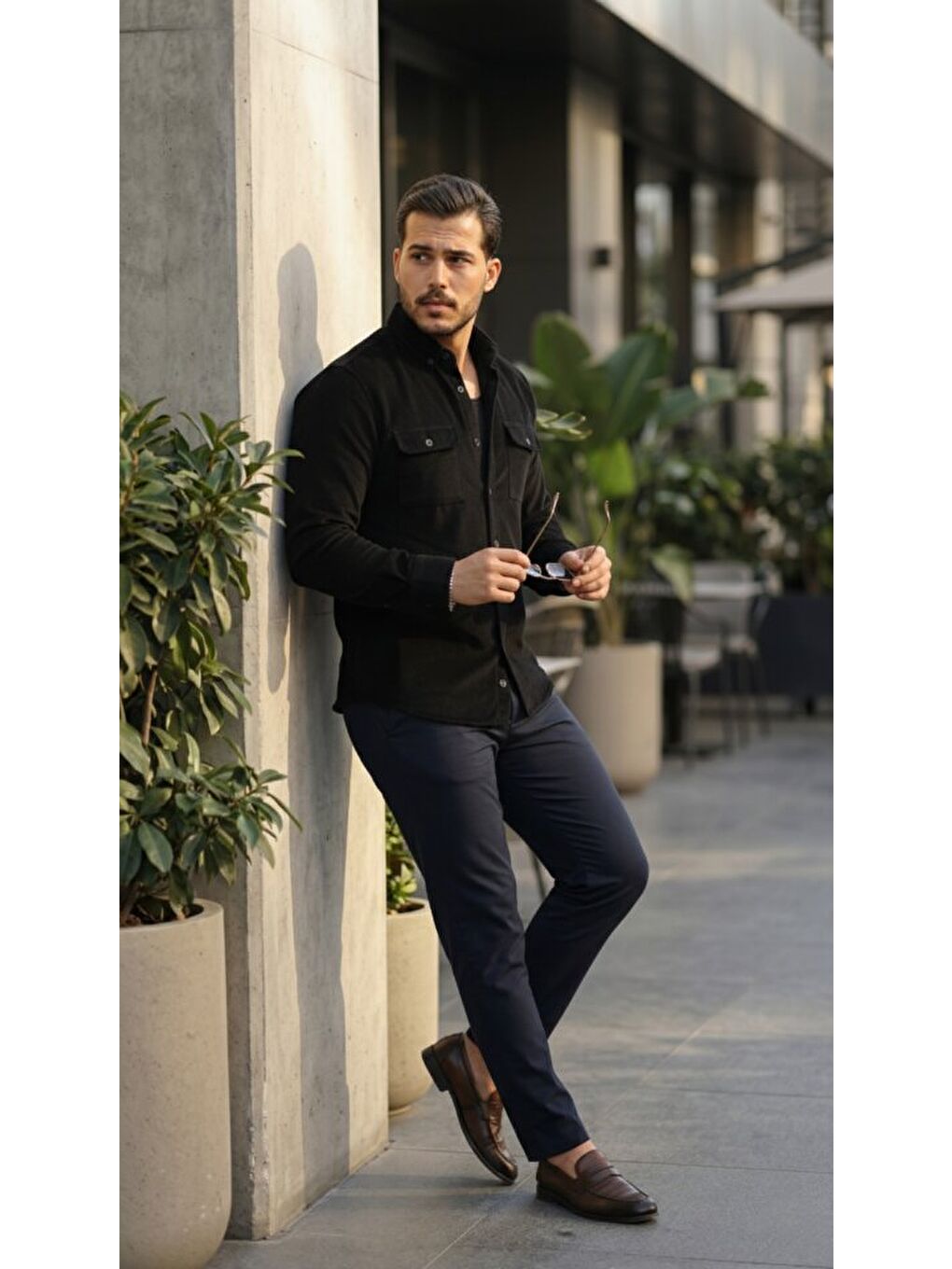 Siyah Erkek Kadife Desen Pamuklu Gömlek-1