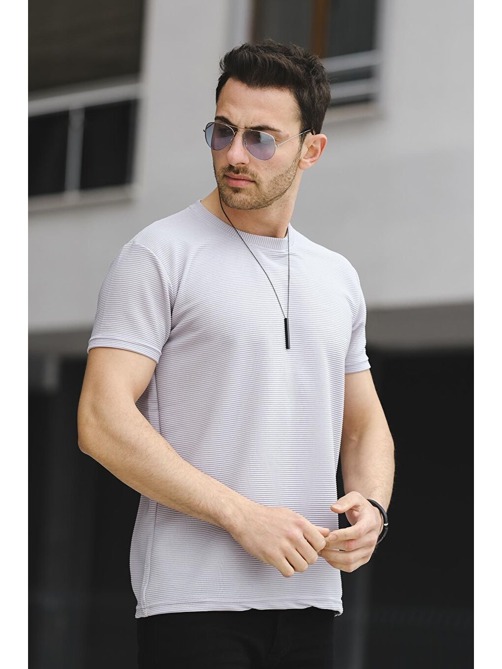 Gri Kumaş Basic Slim Fit Likralı Erkek Tişört-1