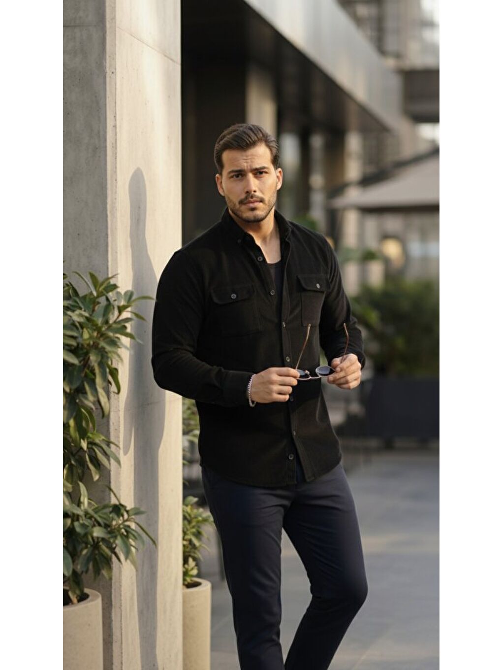 Siyah Erkek Kadife Desen Pamuklu Gömlek-2