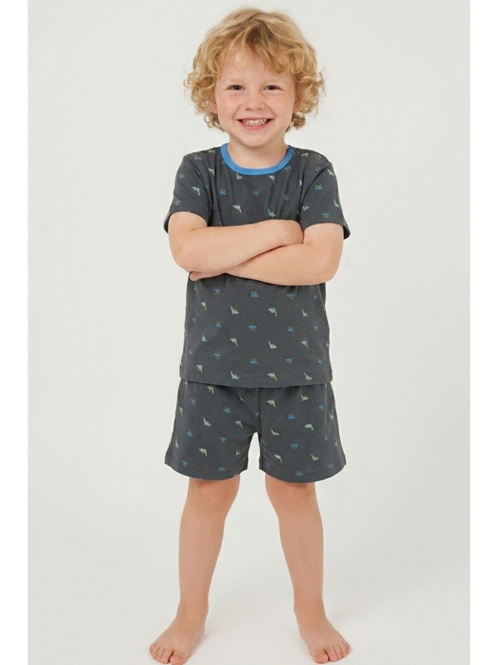 Erkek Bebek Şortlu Pijama Takımı Renkli Dinozor Desenli Antrasit (9 Ay-3 Yaş)