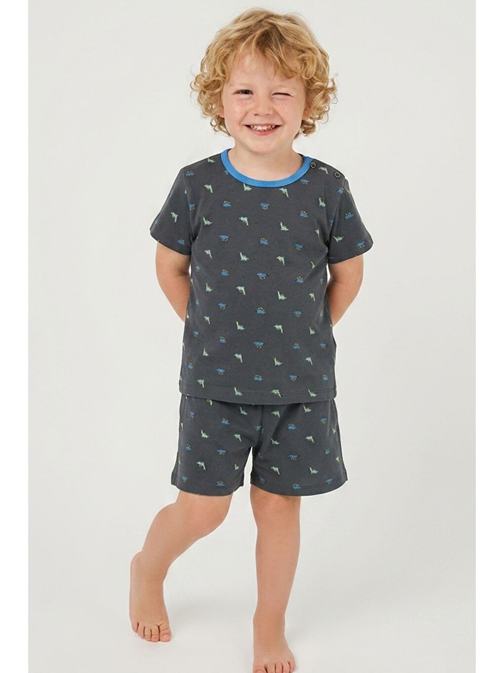 Erkek Bebek Şortlu Pijama Takımı Renkli Dinozor Desenli Antrasit (9 Ay-3 Yaş)-1