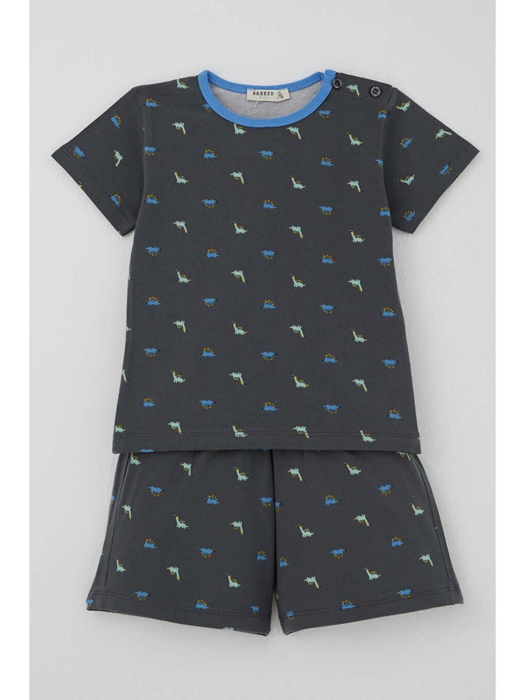 Erkek Bebek Şortlu Pijama Takımı Renkli Dinozor Desenli Antrasit (9 Ay-3 Yaş)-2