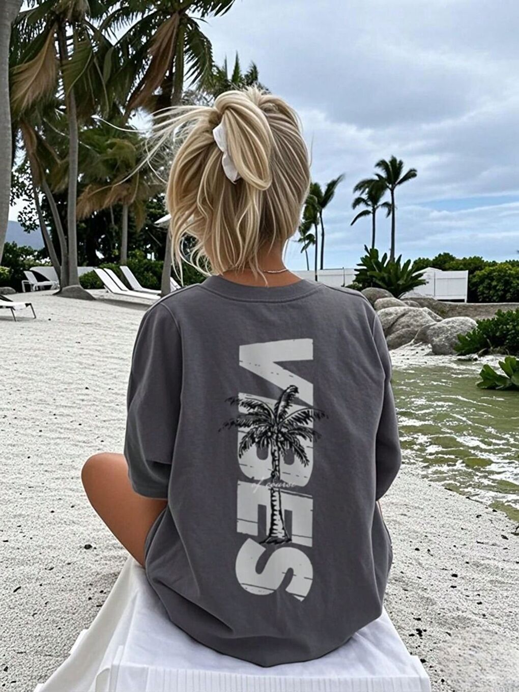 Gri Kadın Füme Vibes Baskı Regular Fit Tişört