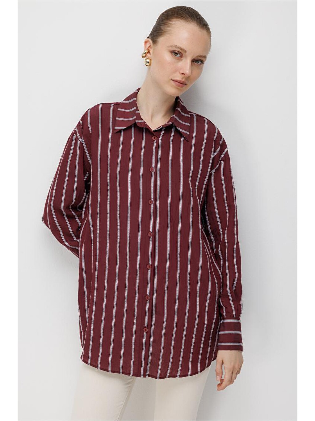 Çizgili Oversize Mürdüm Viskon Gömlek