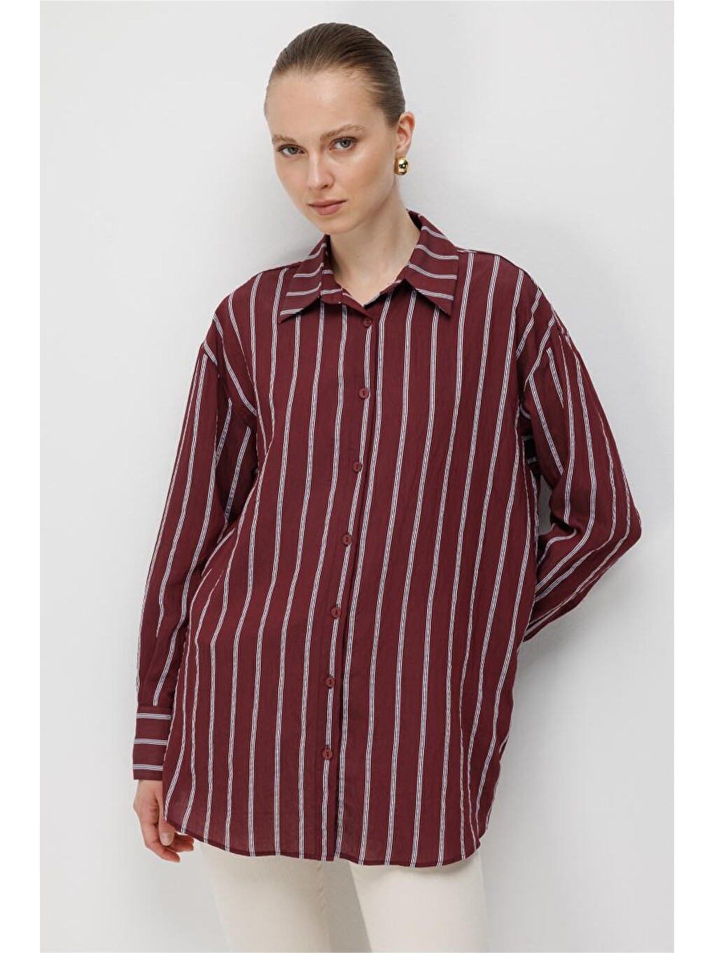 Çizgili Oversize Mürdüm Viskon Gömlek-2