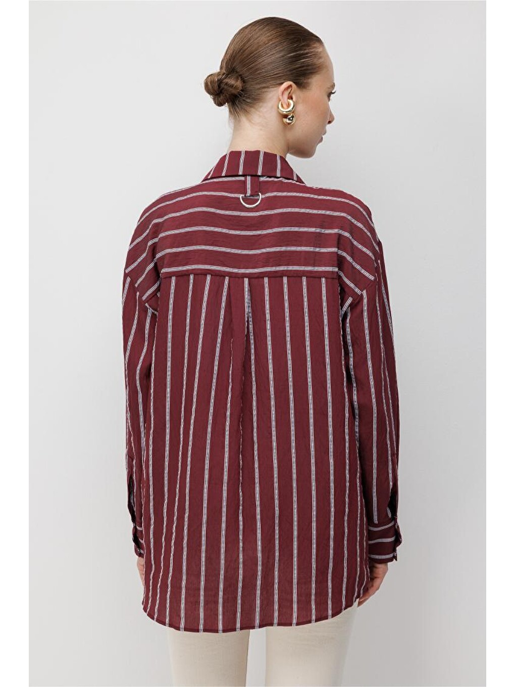 Çizgili Oversize Mürdüm Viskon Gömlek-3