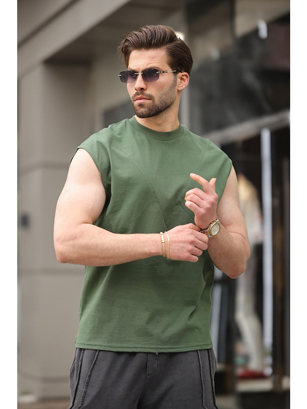 Haki Kolsuz %100 Pamuklu Basic Erkek T-Shirt E7137