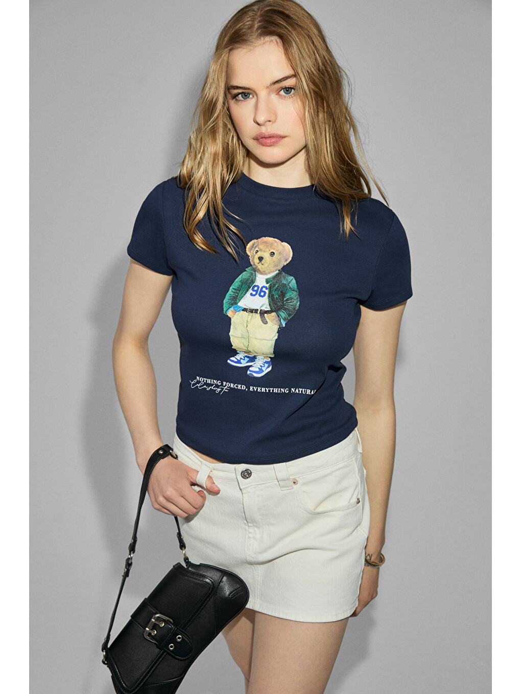 Lacivert UDINNES Kadın Yumuşak Esnek Kumaşlı Baskı Detaylı Slim Fit LACİVERT T-Shirt-1