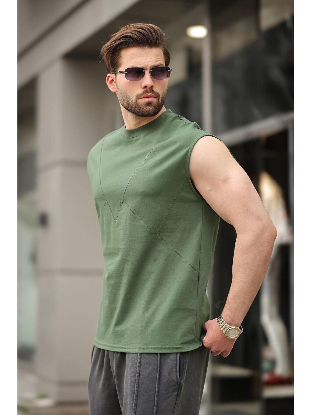 Haki Kolsuz %100 Pamuklu Basic Erkek T-Shirt E7137-1