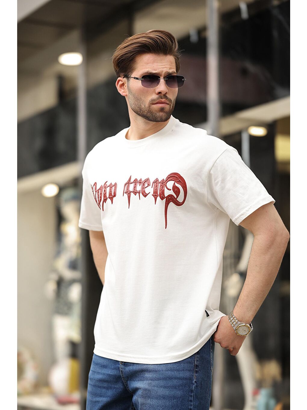 Ekru Baskılı %100 Pamuk Erkek T-Shirt E7141