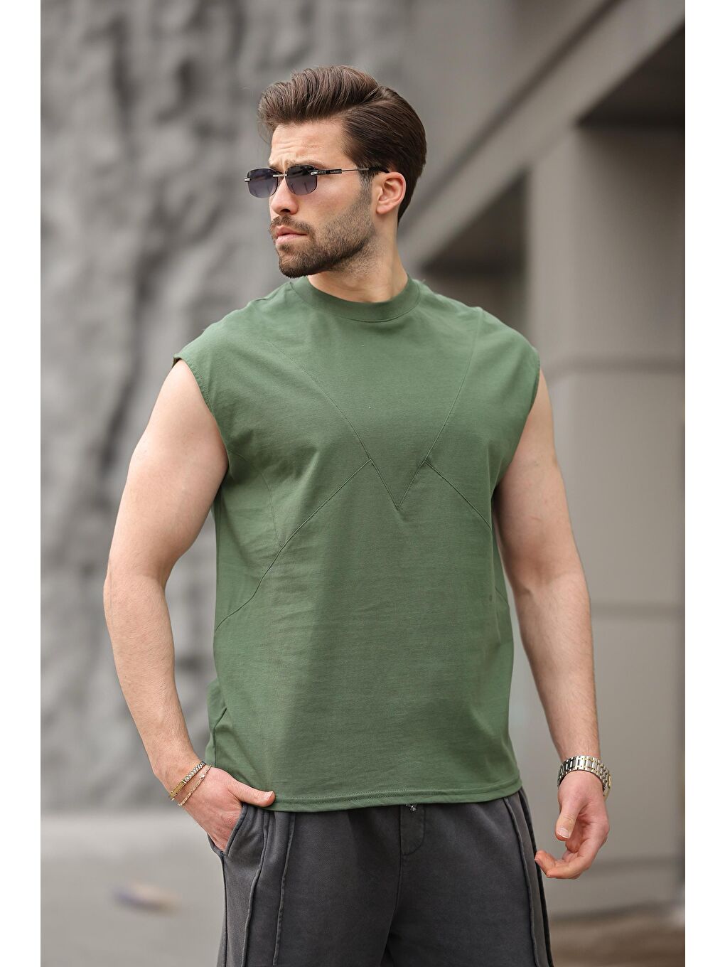 Haki Kolsuz %100 Pamuklu Basic Erkek T-Shirt E7137-2