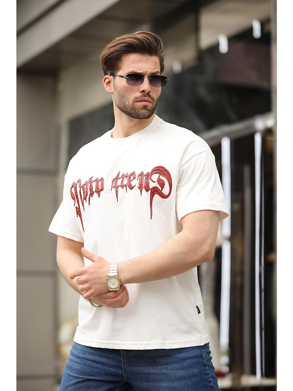 Ekru Baskılı %100 Pamuk Erkek T-Shirt E7141-1