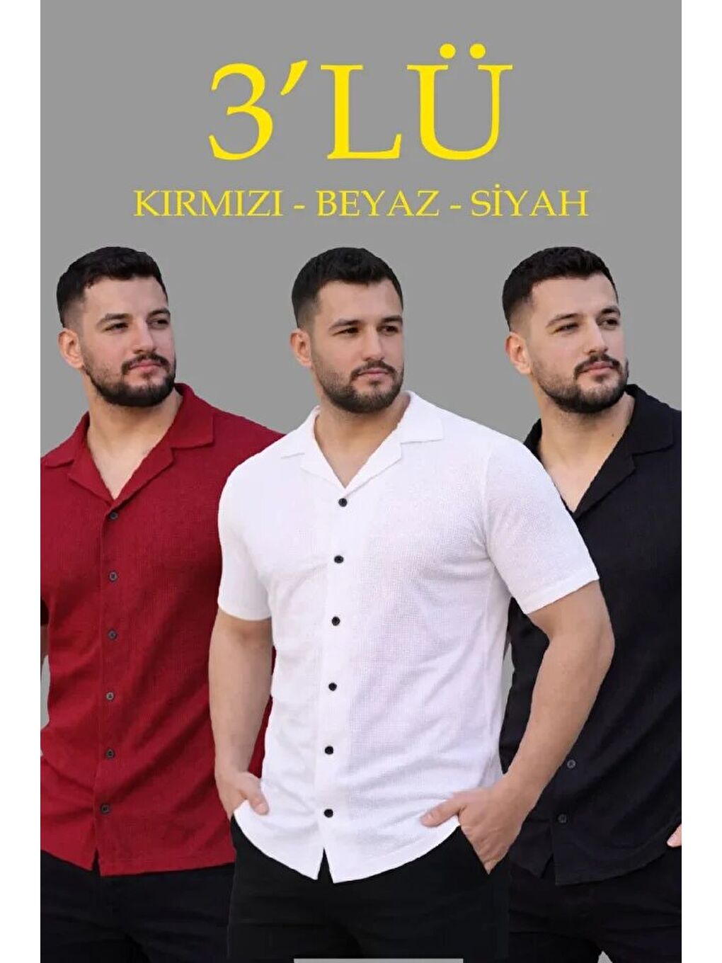 Erkek Waffle Dokuma Açık Yakalı Düğmeli Regular Kalıp 3’lü Gömlek Seti - Siyah, Kırmızı, Beyaz