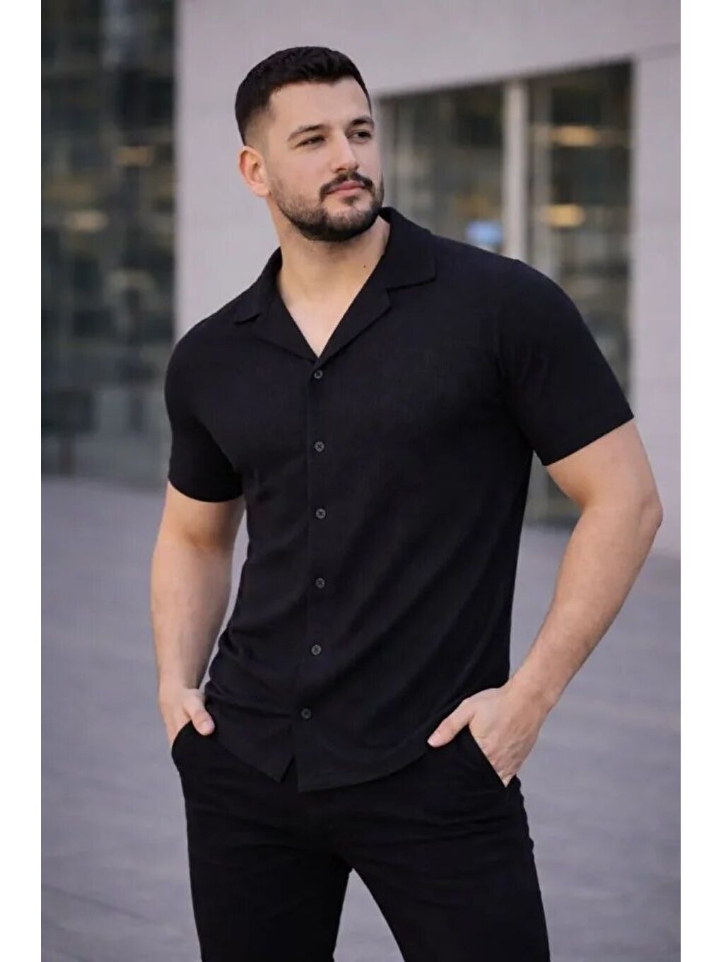 Erkek Waffle Dokuma Açık Yakalı Düğmeli Regular Kalıp 3’lü Gömlek Seti - Siyah, Kırmızı, Beyaz-2