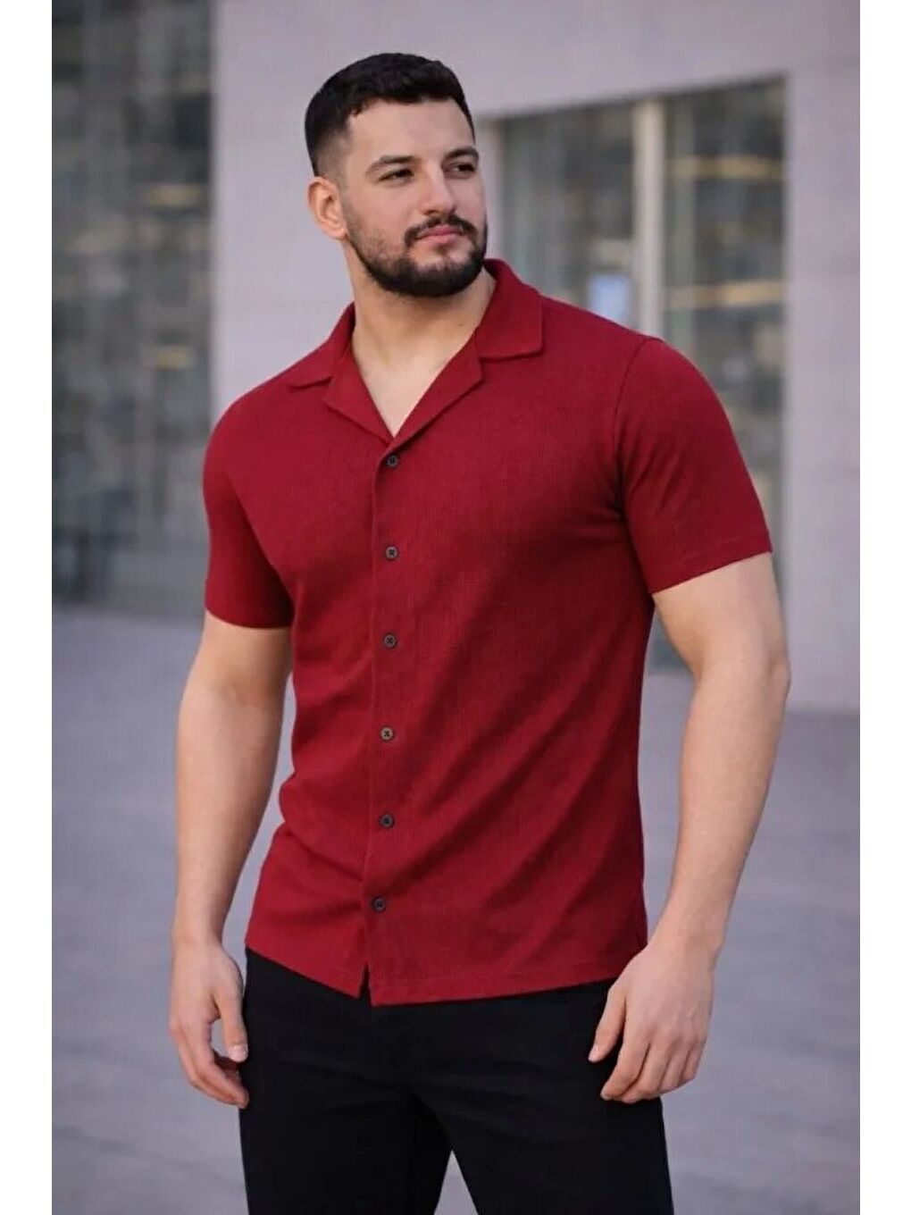Erkek Waffle Dokuma Açık Yakalı Düğmeli Regular Kalıp 3’lü Gömlek Seti - Siyah, Kırmızı, Beyaz-3
