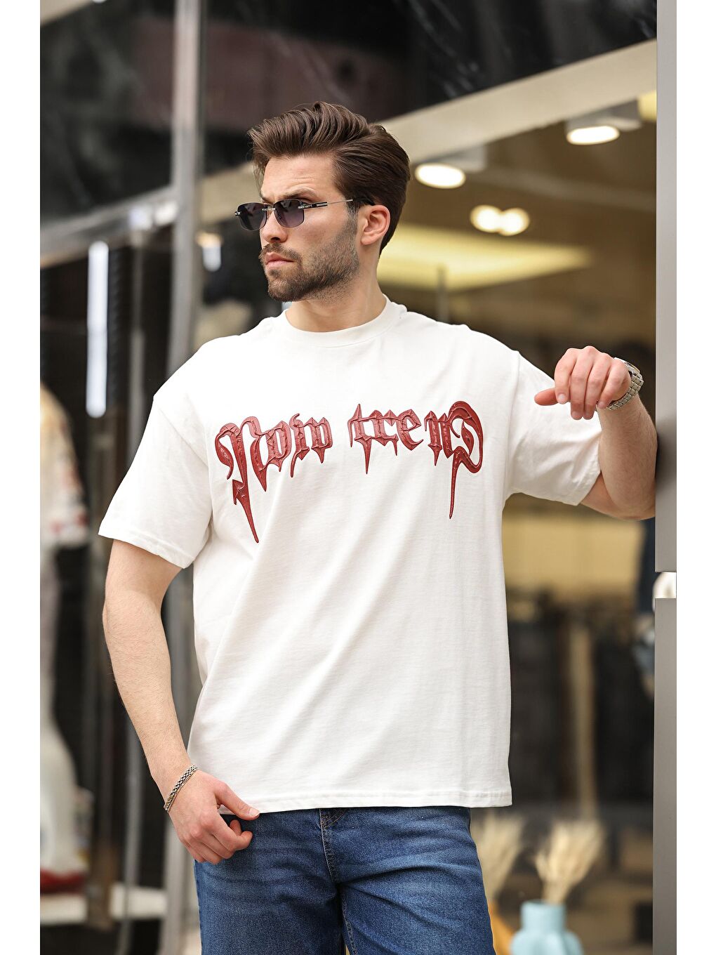 Ekru Baskılı %100 Pamuk Erkek T-Shirt E7141-2