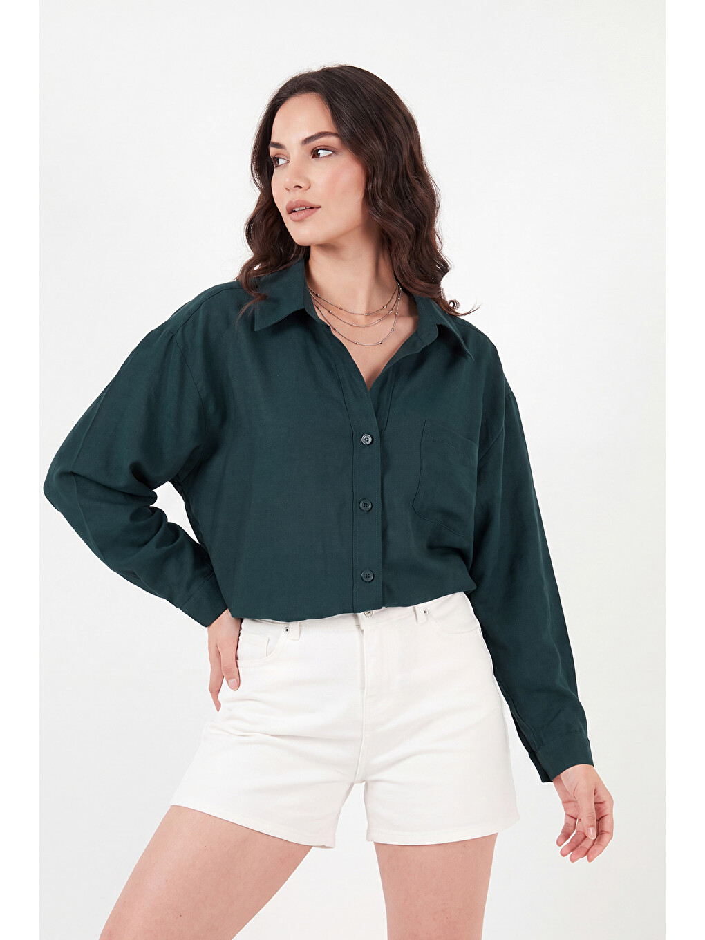 Yeşil Modal Oversize Fit Uzun Kollu Kadın Gömlek 6834612-3