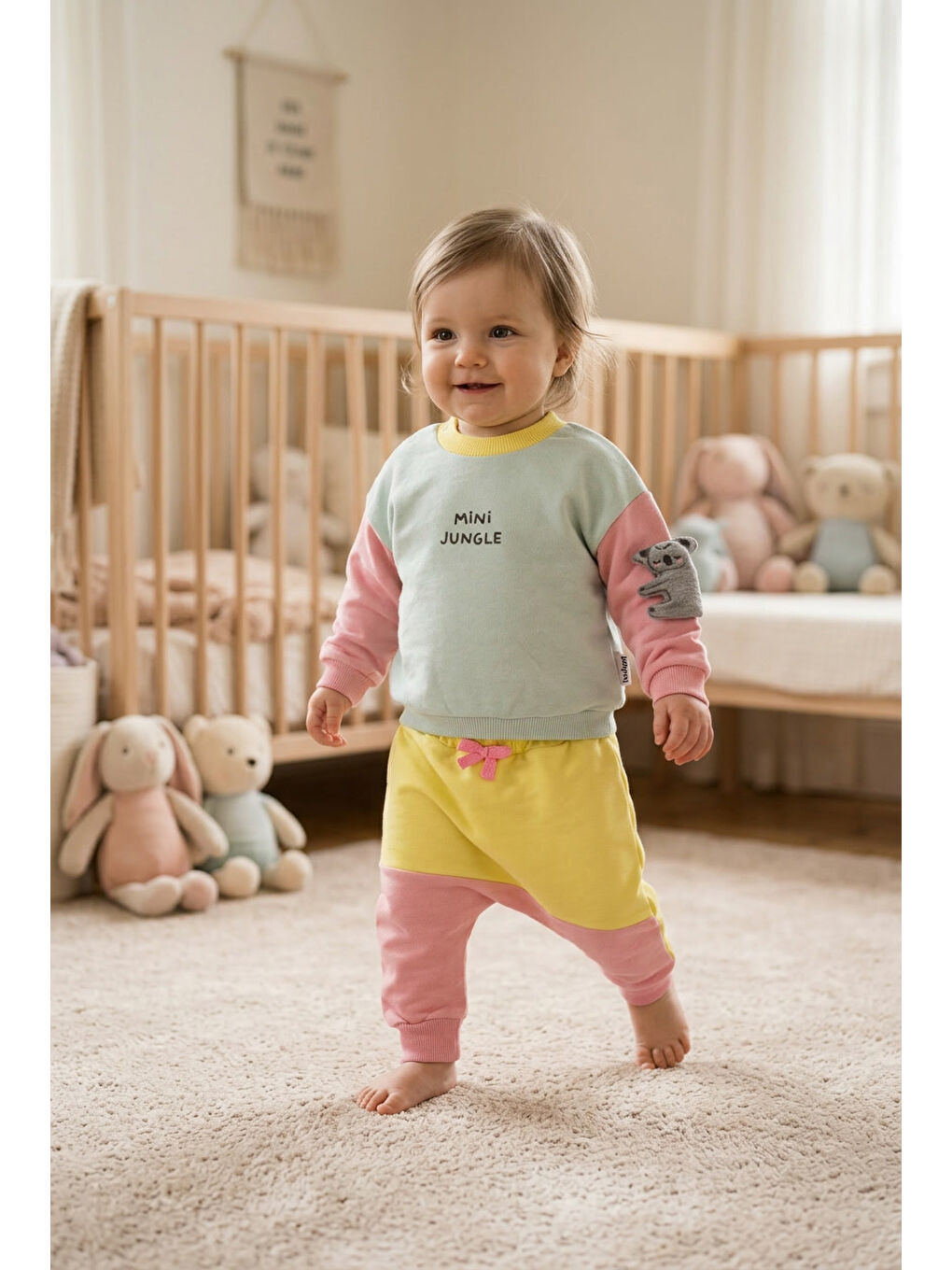 Yeşil Kız Bebek Pamuklu Eşofman Takımı Mini Jungle Baskılı İki İplik Rahat Kalıp-1