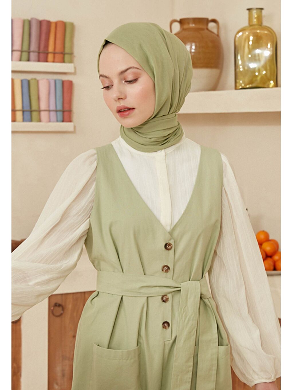 Yeşil İnce Pamuk Vual Şal Adaçayı