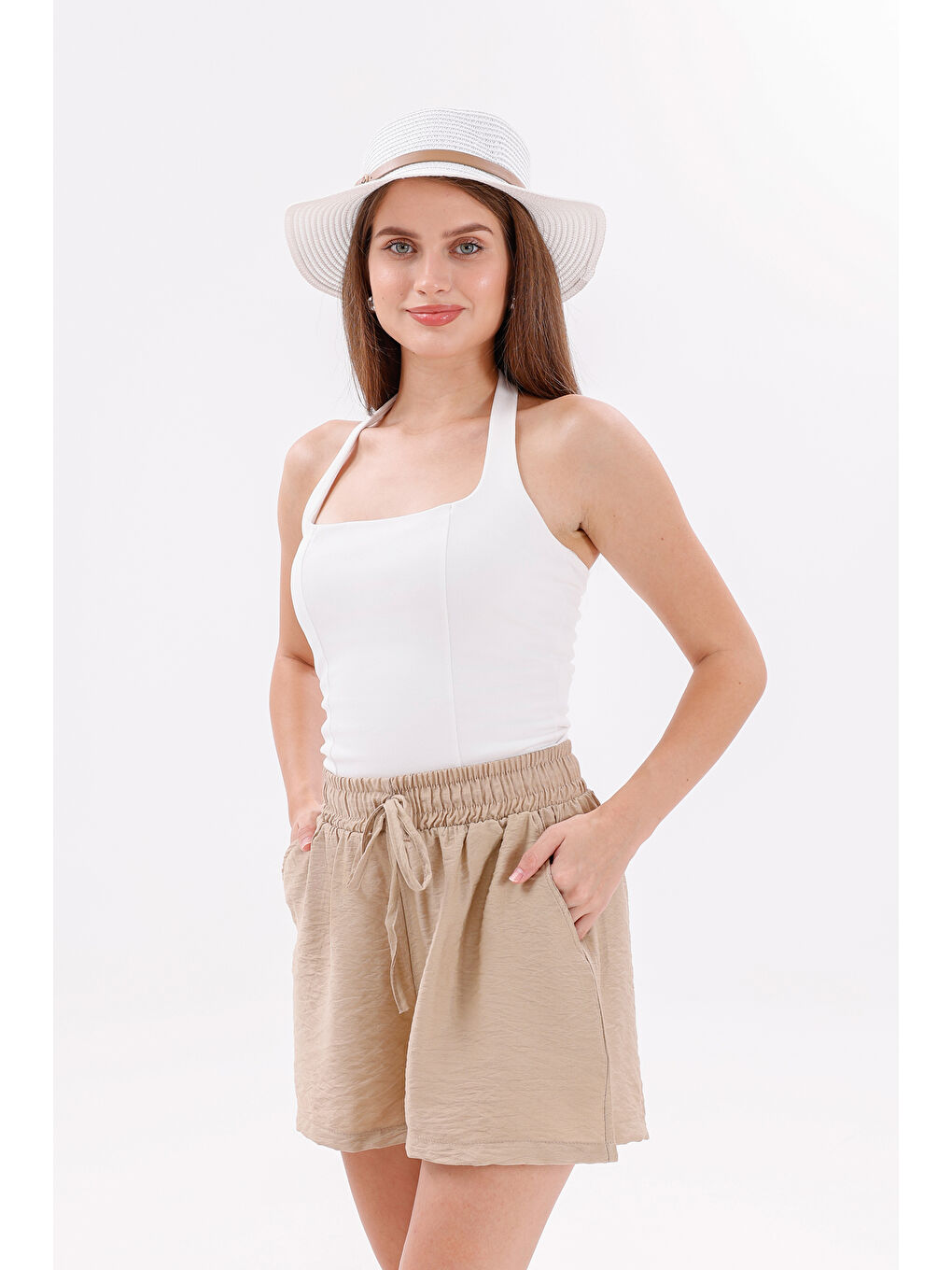 Bej Genıus Store Kadın Şort Aerobin Pamuklu Cepli Çekmez Kumaş Beli Lastikli Şort-1