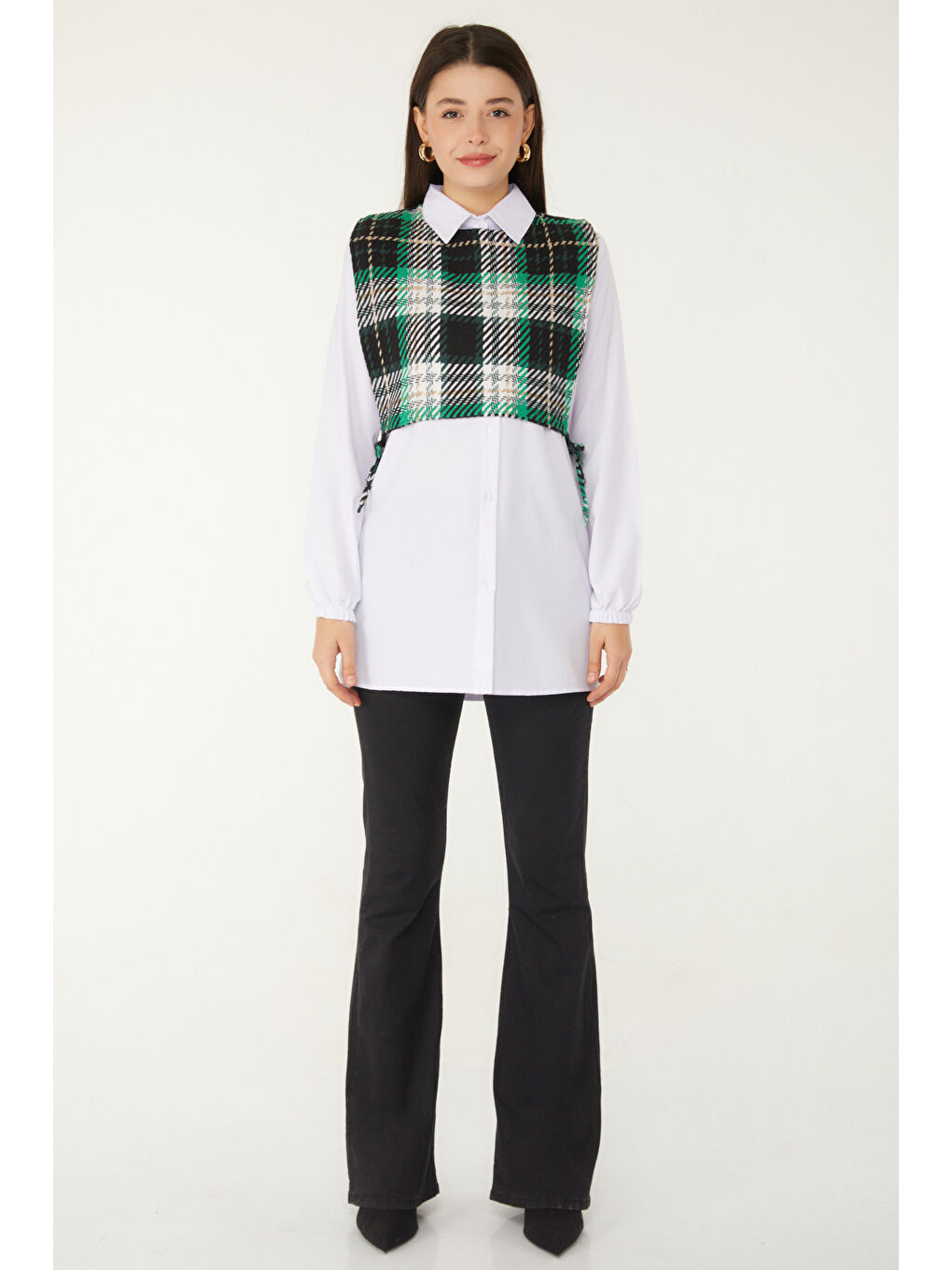 Yeşil Gömlek Yaka Kadın Yesil Gömlek Süveter İkili Takım - 13347-1