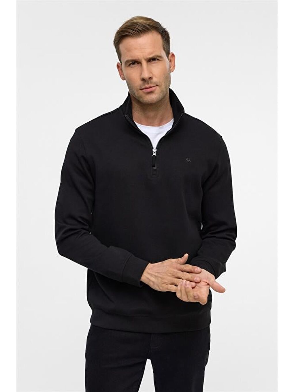 Siyah Regular Düz Yarım Balıkçı Yaka Sweatshirt-2