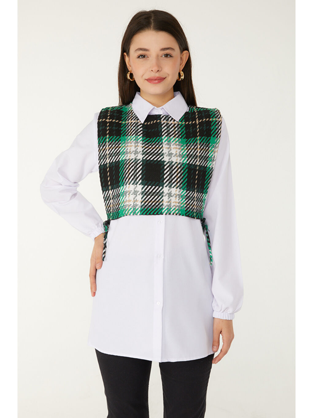 Yeşil Gömlek Yaka Kadın Yesil Gömlek Süveter İkili Takım - 13347-2