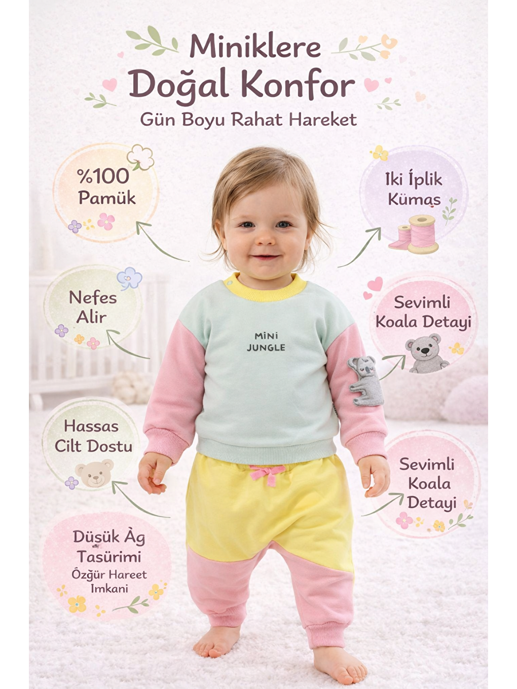 Yeşil Kız Bebek Pamuklu Eşofman Takımı Mini Jungle Baskılı İki İplik Rahat Kalıp-4