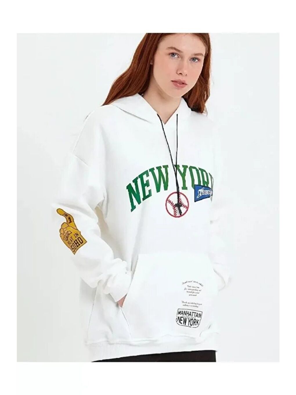 Baskılı Kapüşonlu Sweatshirt - Beyaz-1