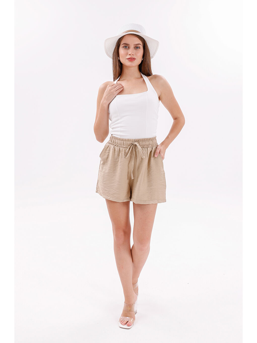 Bej Genıus Store Kadın Şort Aerobin Pamuklu Cepli Çekmez Kumaş Beli Lastikli Şort-2